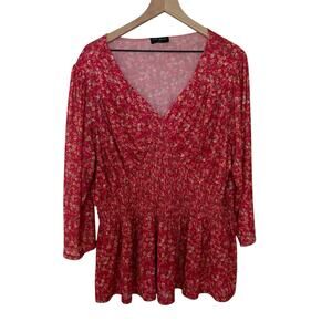 Lane Bryant Red Pink Floral V neck Peplum Quarter Sleeve Sheer Blouse Size 22/24